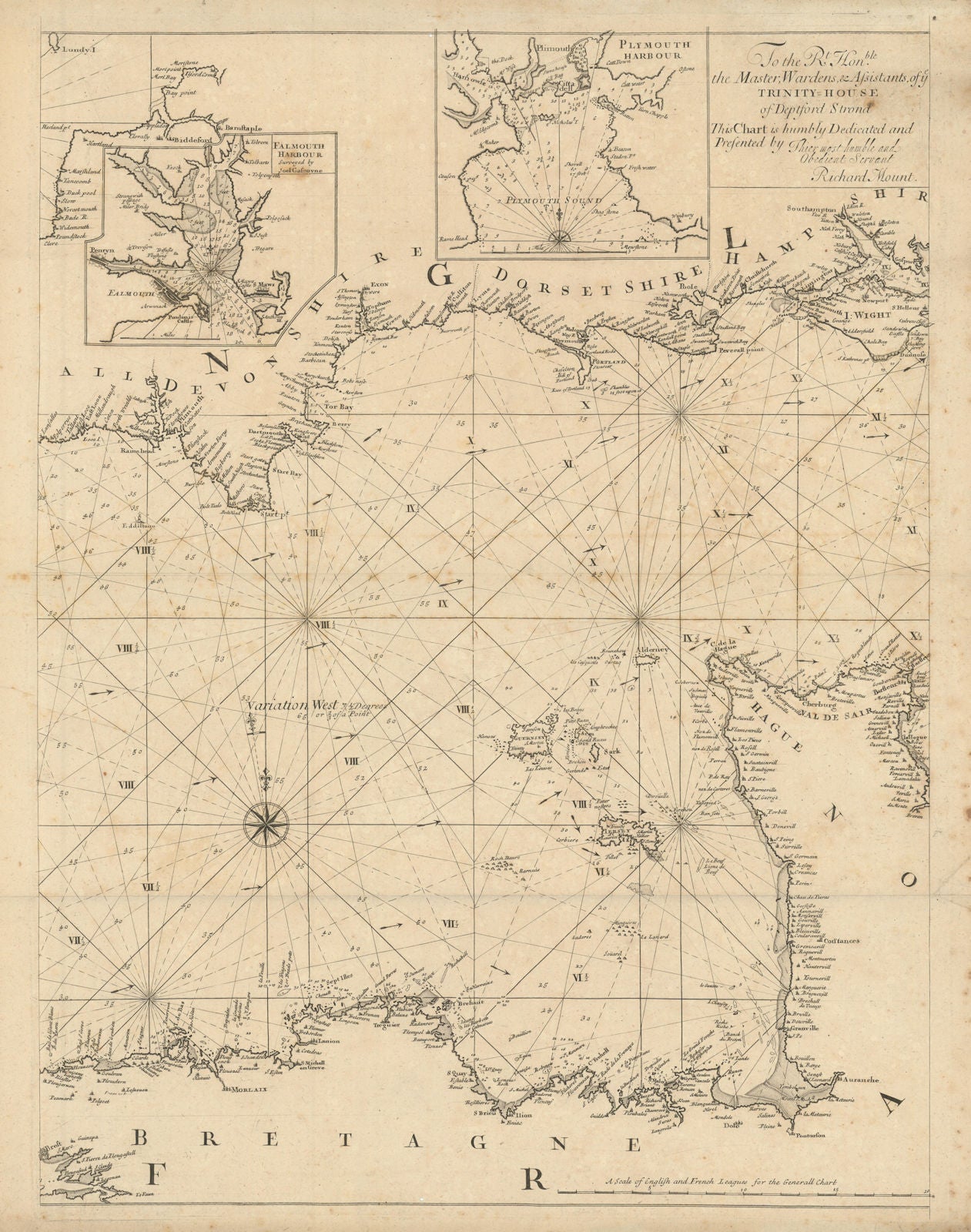 English Channel Islands Devon Dorset Brittany Plymouth Falmouth MOUNT 1702 map